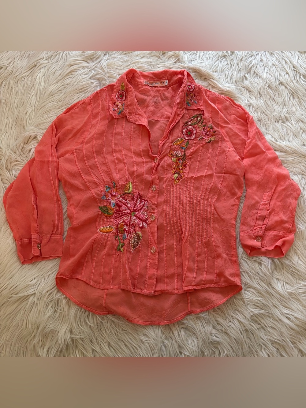 Johnny Was Coral Coastal Boho Chic Blouse Shirt Floral Embroidered Womens Size S